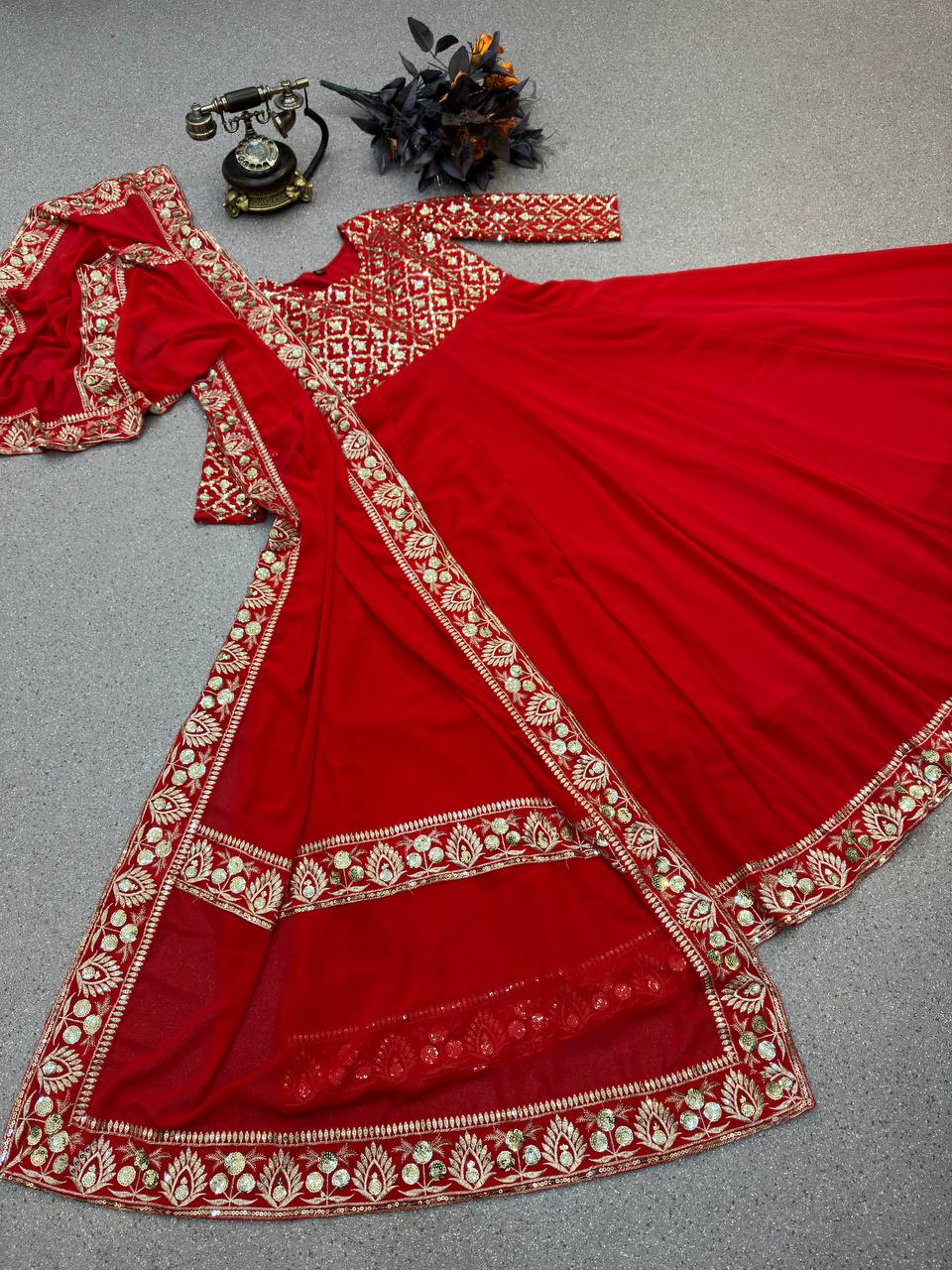 Outstanding Red Color Embroidery Sequence Work Gown