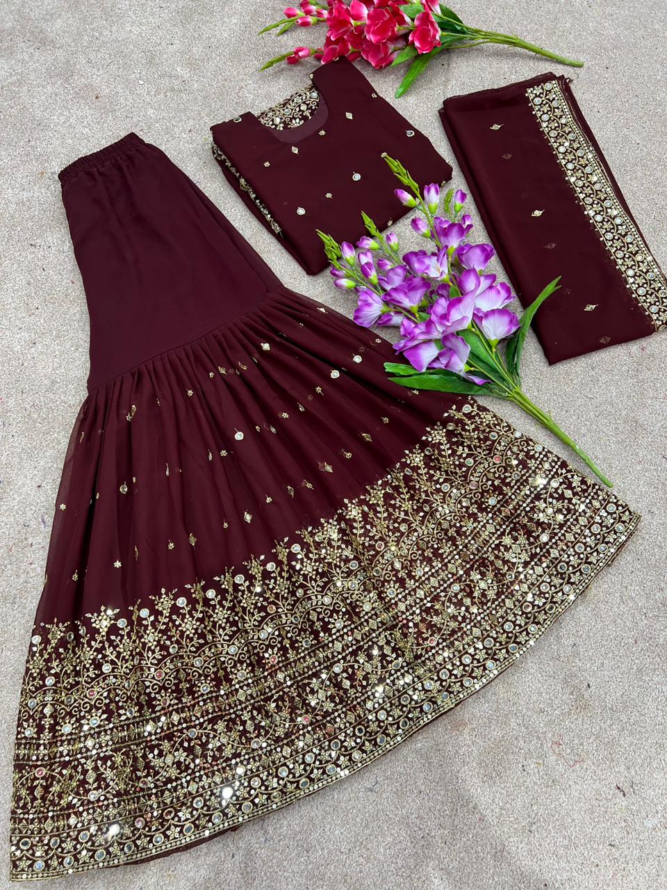 Superhit Wine Color Embroidery And Sequence Work Sharara Suit