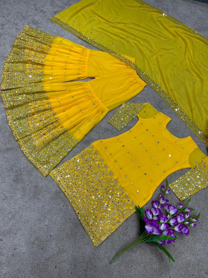 Delicate Yellow Color Embroidery And Sequence Work Sharara Suit