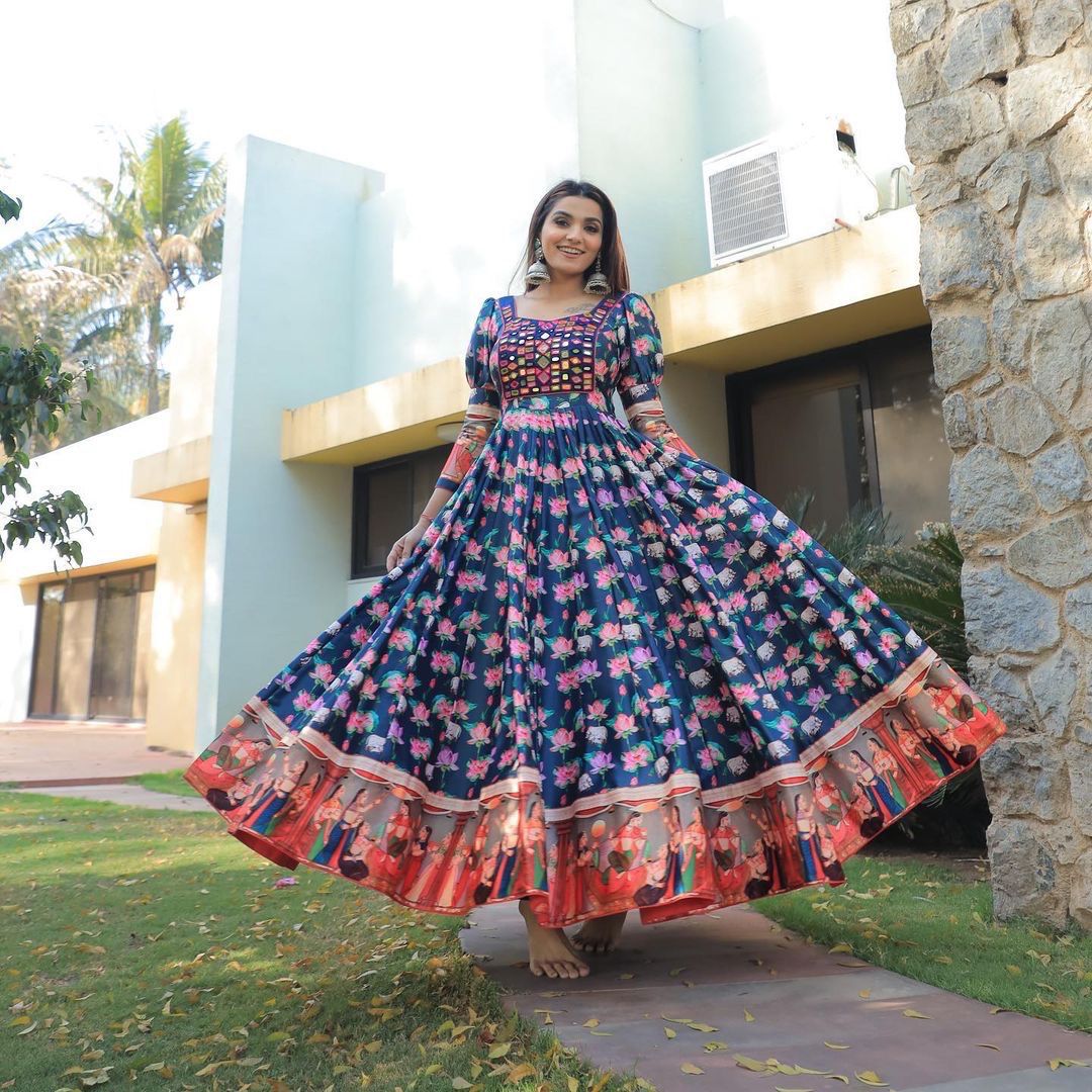 Attractive Navy Blue Color Digital Print Gown