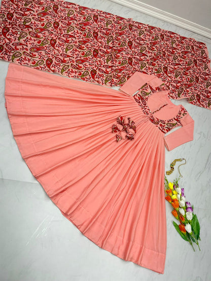 Wedding Wear Peach Color Sequence Work Gown