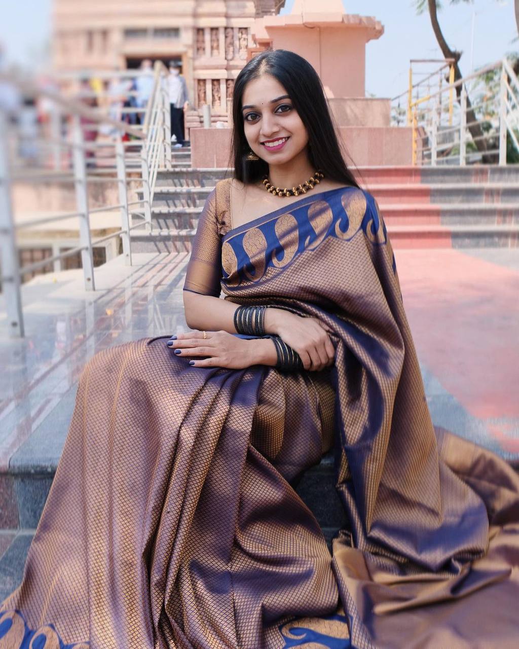 Festive Wear Navy Blue With Golden Color Banarasi Saree