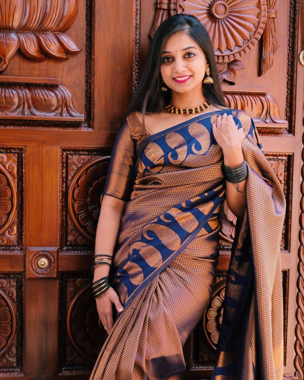 Festive Wear Navy Blue With Golden Color Banarasi Saree