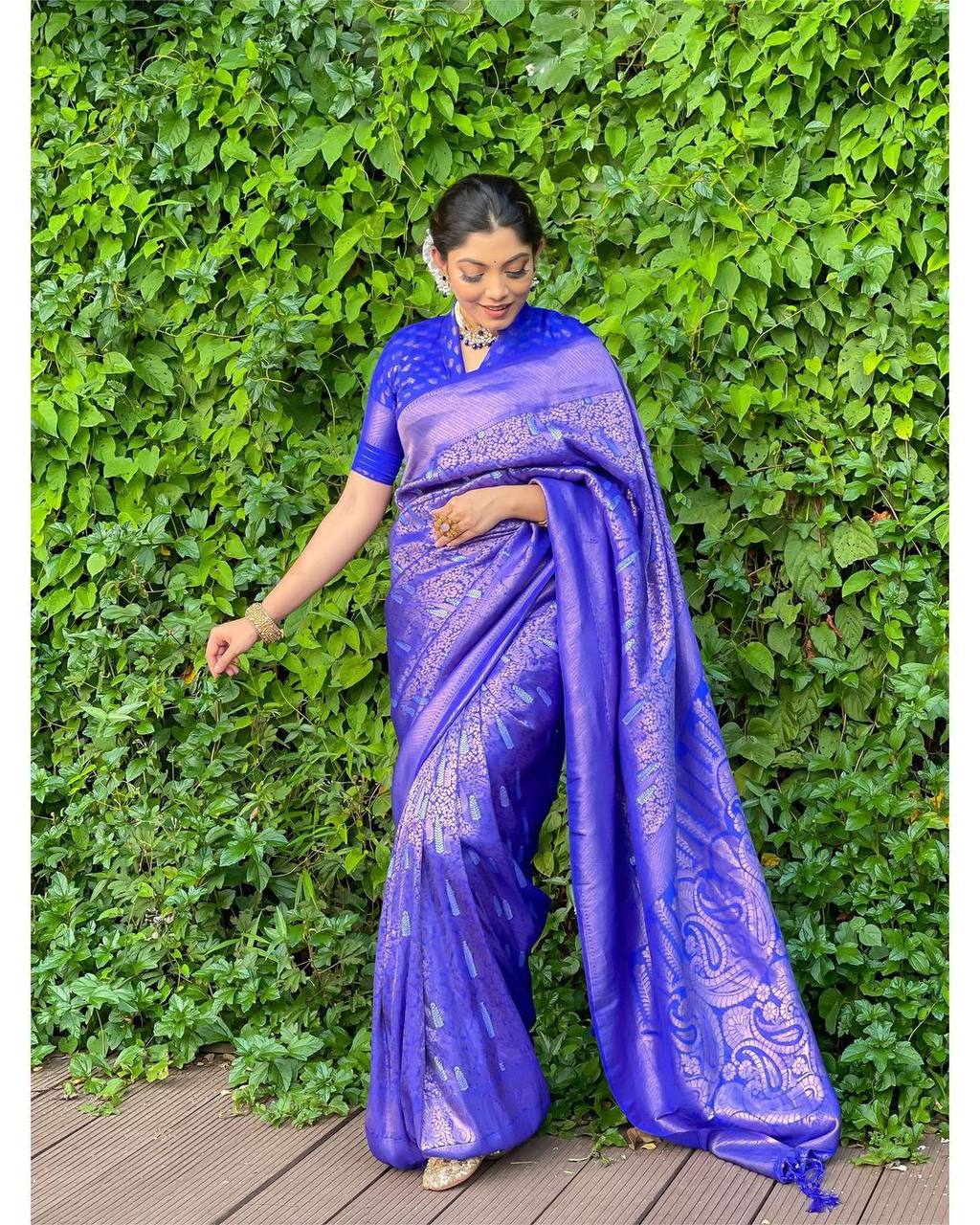 Royal Blue Banarasi Silk Saree - Urban Womania