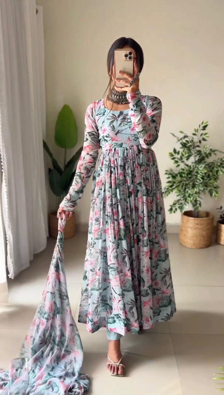 Gorgeous Light Gray Color Digital Print Anarkali Gown