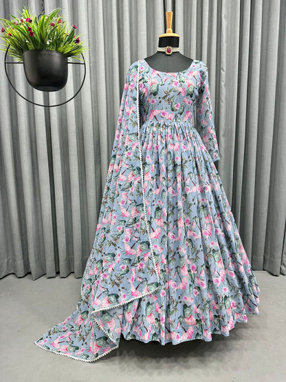 Gorgeous Light Gray Color Digital Print Anarkali Gown