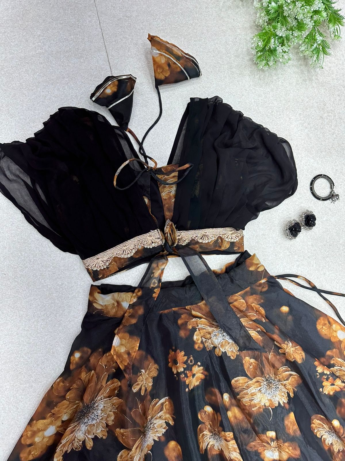 Stylish Black Color Crop Top With Lehenga