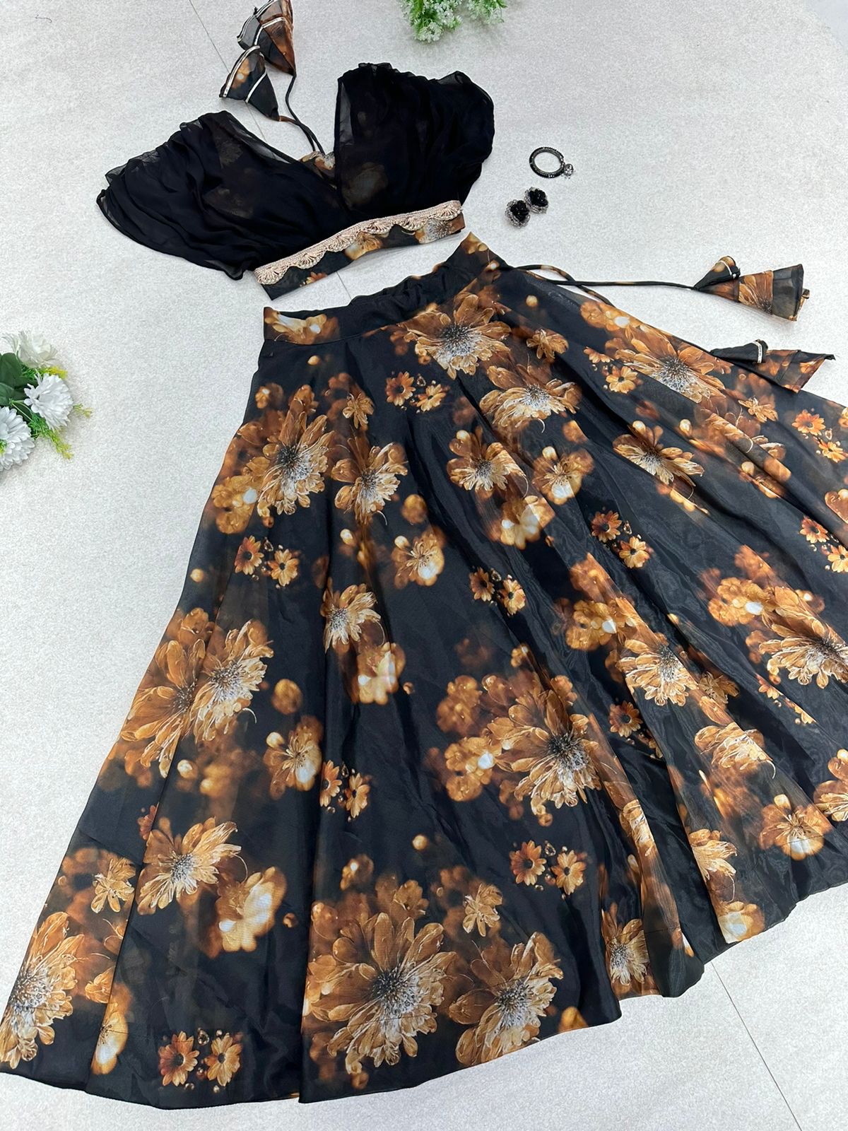 Stylish Black Color Crop Top With Lehenga