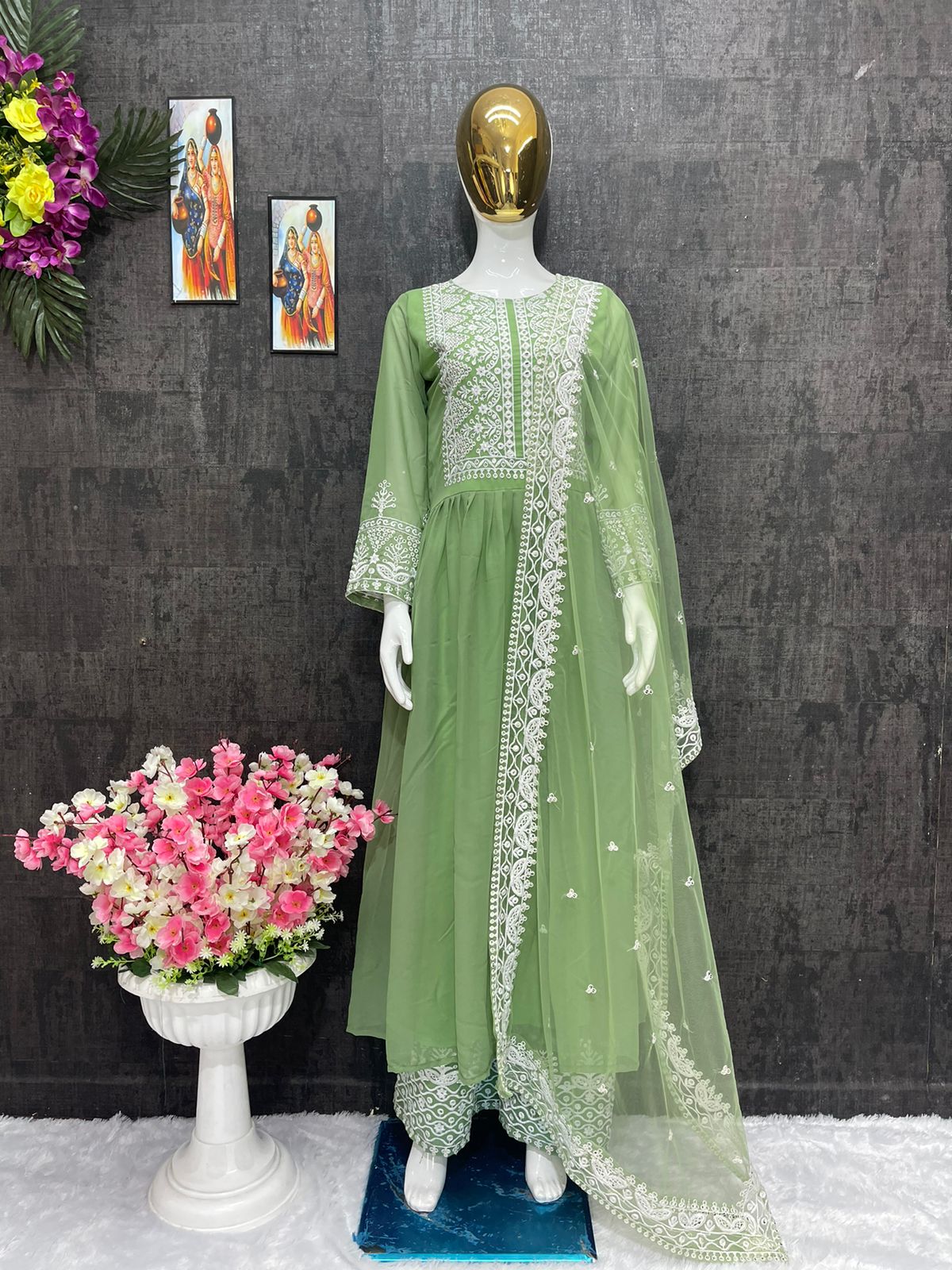 Gorgeous Pista Color Thread Work Anarkali Top With Palazzo