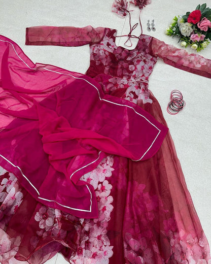 Amazing Digital Printed Organza Silk Pink Color Gown