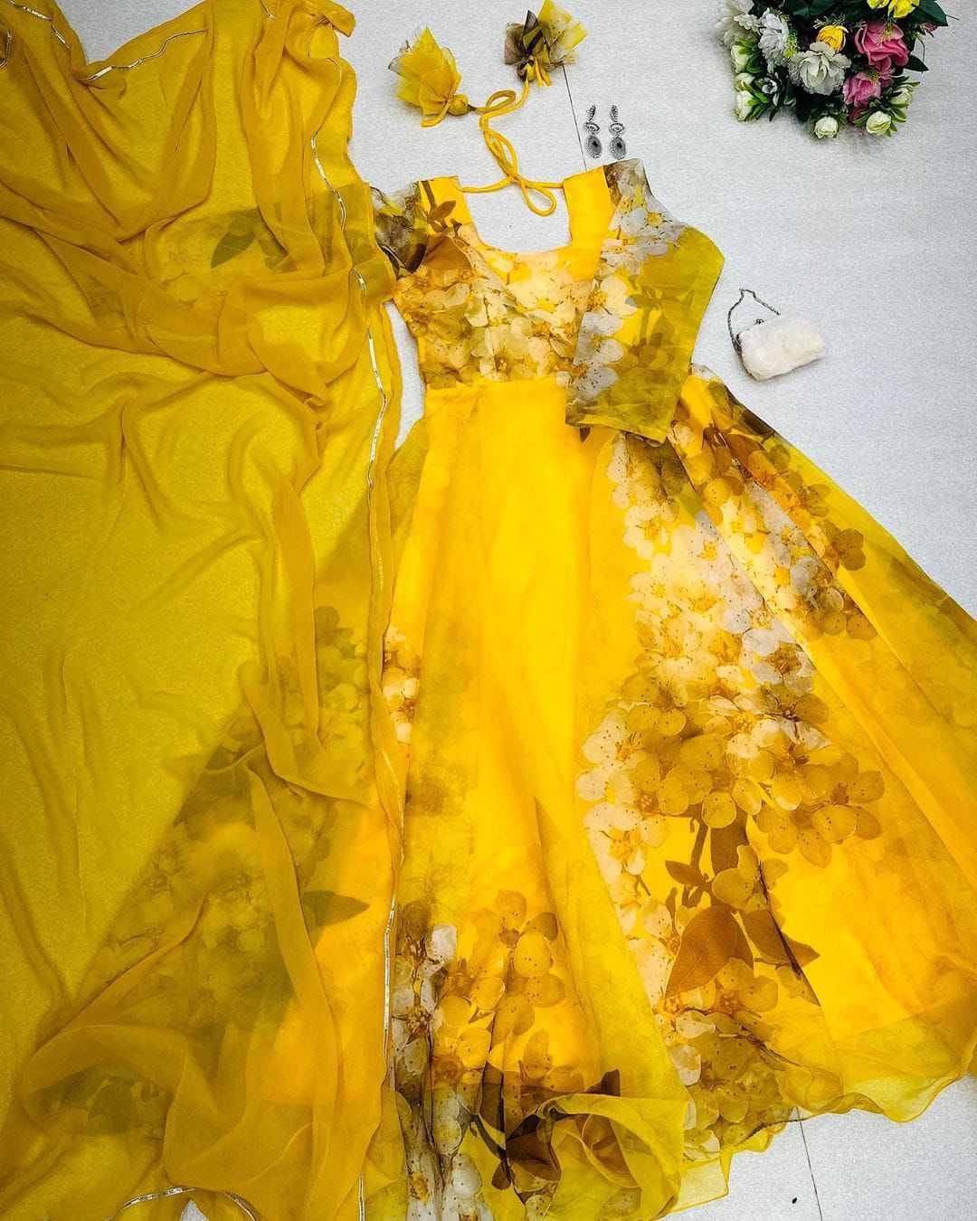 Gorgeous Organza Silk Digital Printed Yellow Color Gown