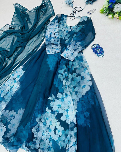 Exclusive Digital Printed Organza Silk Blue Color Gown