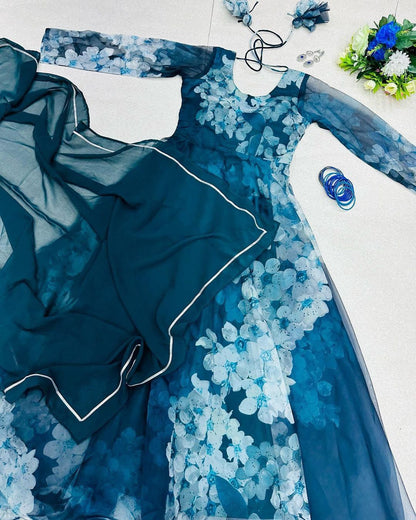 Exclusive Digital Printed Organza Silk Blue Color Gown