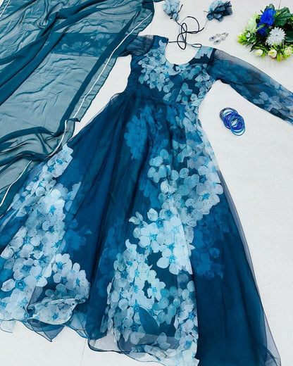 Exclusive Digital Printed Organza Silk Blue Color Gown