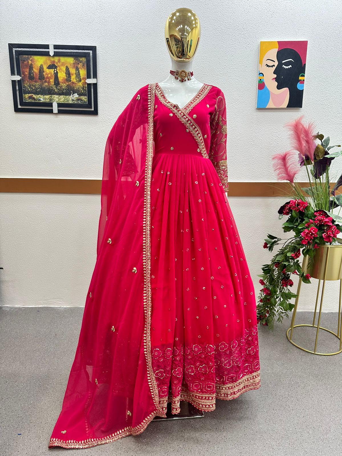 Pink Color Embroidery And Sequence Work Glossy Gown