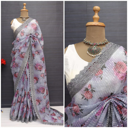 Wedding Wear Gray Color Sequence Work Saree