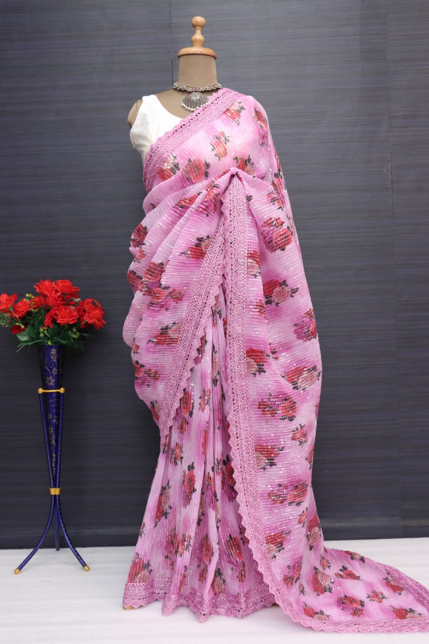 Party Wear Pink Color Sequence Work Saree