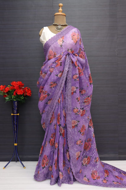 Wedding Wear Lavender Color Sequence Work Saree