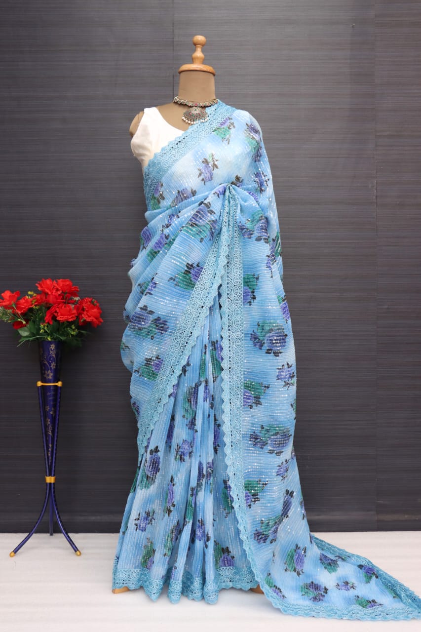 Party Wear Sky Blue Color Sequence Work Saree