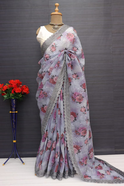 Wedding Wear Gray Color Sequence Work Saree