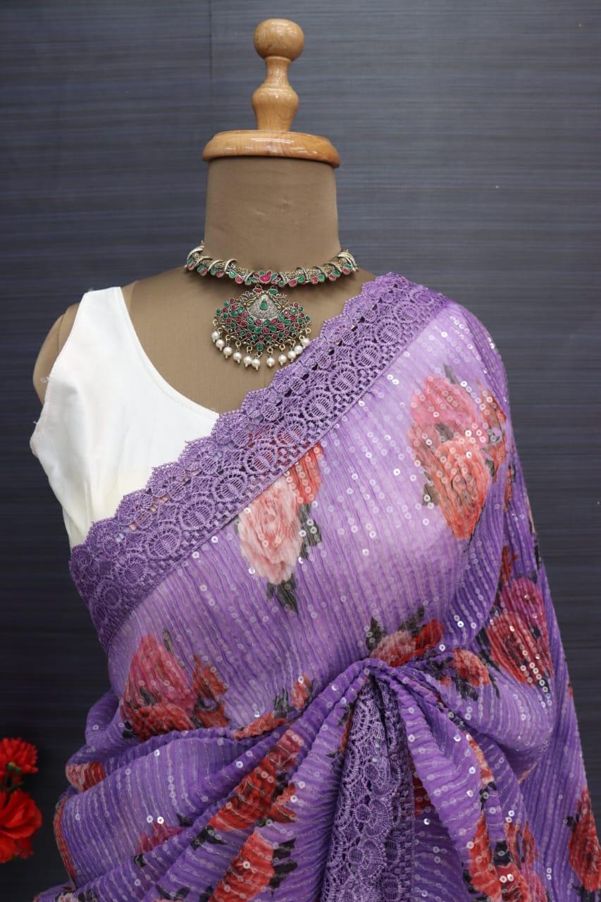 Wedding Wear Lavender Color Sequence Work Saree