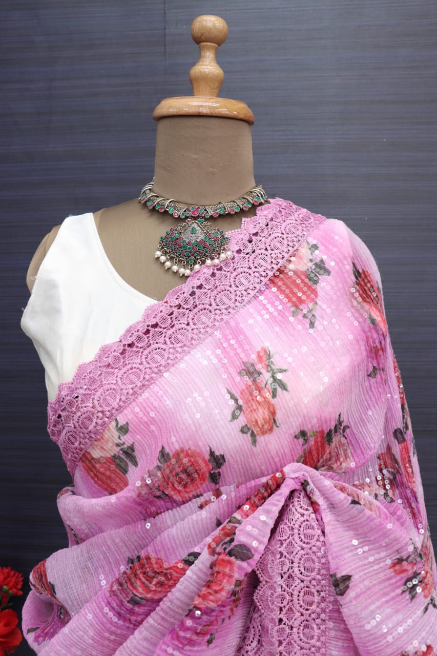 Party Wear Pink Color Sequence Work Saree