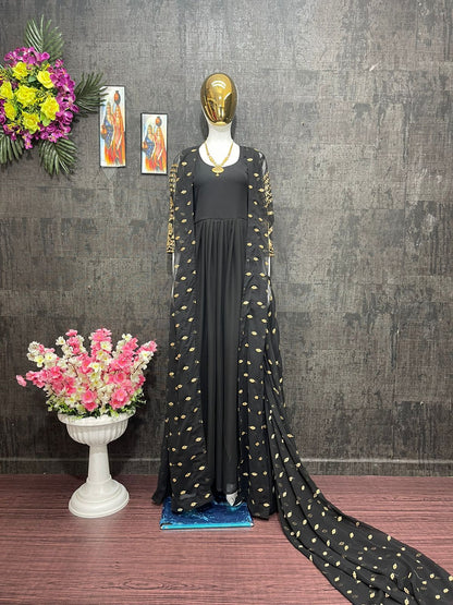 Glorious Black Color Gown With Embroidery Work Shrug