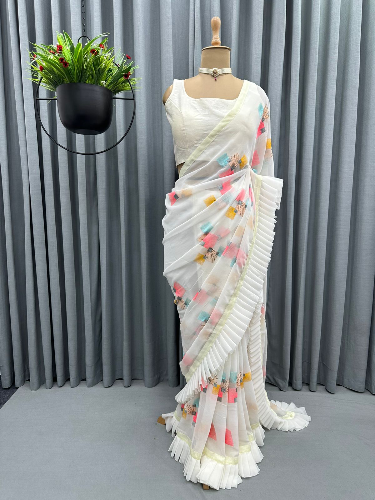 Glossy Ruffle Style White Color Thred And Hot Fix Work Saree