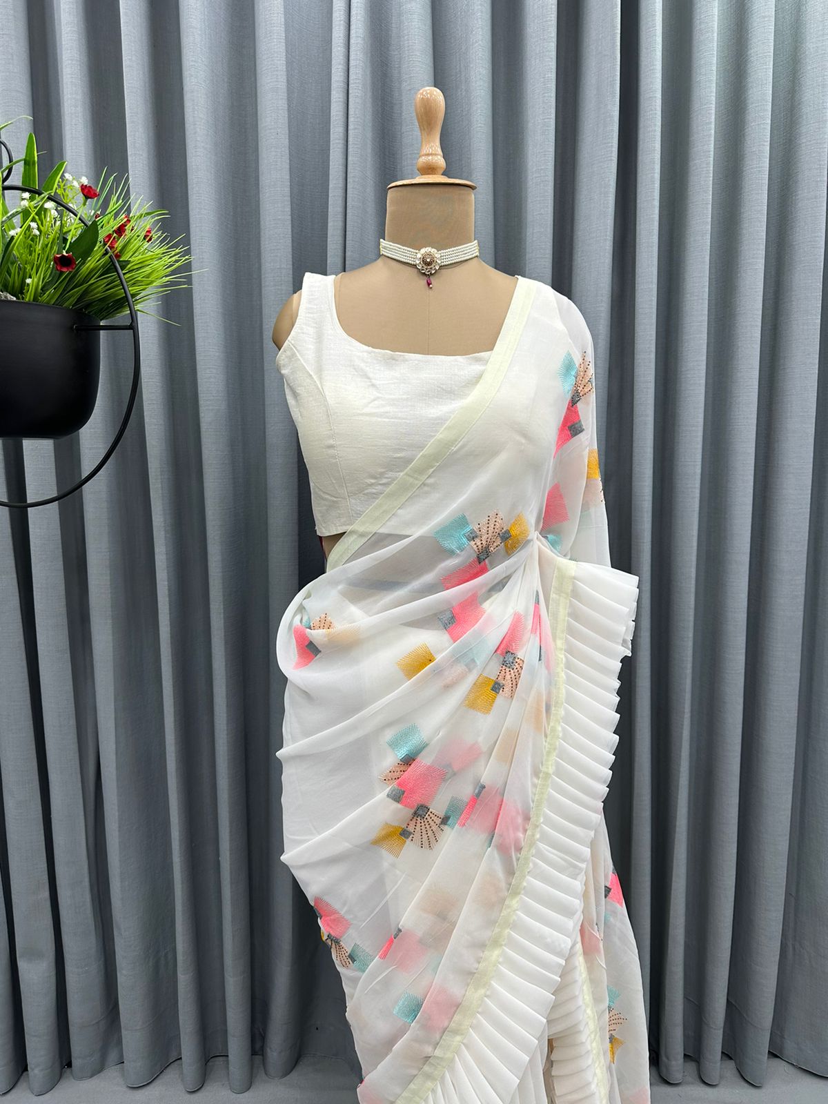 Glossy Ruffle Style White Color Thred And Hot Fix Work Saree