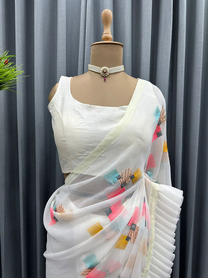 Glossy Ruffle Style White Color Thred And Hot Fix Work Saree