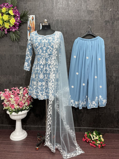 Wonderful Sky Blue Color Peral Hand Work Sharara Suit