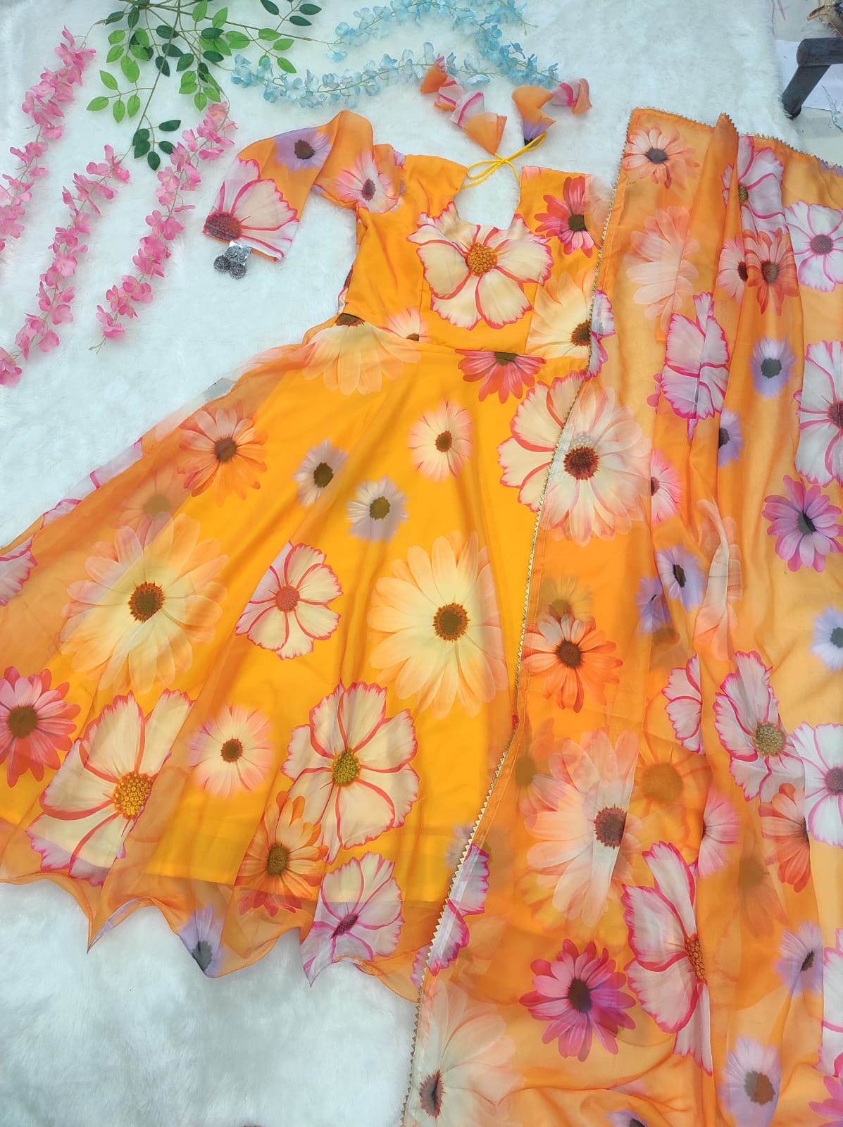 Digital Print Party Wear Yellow Color Gown