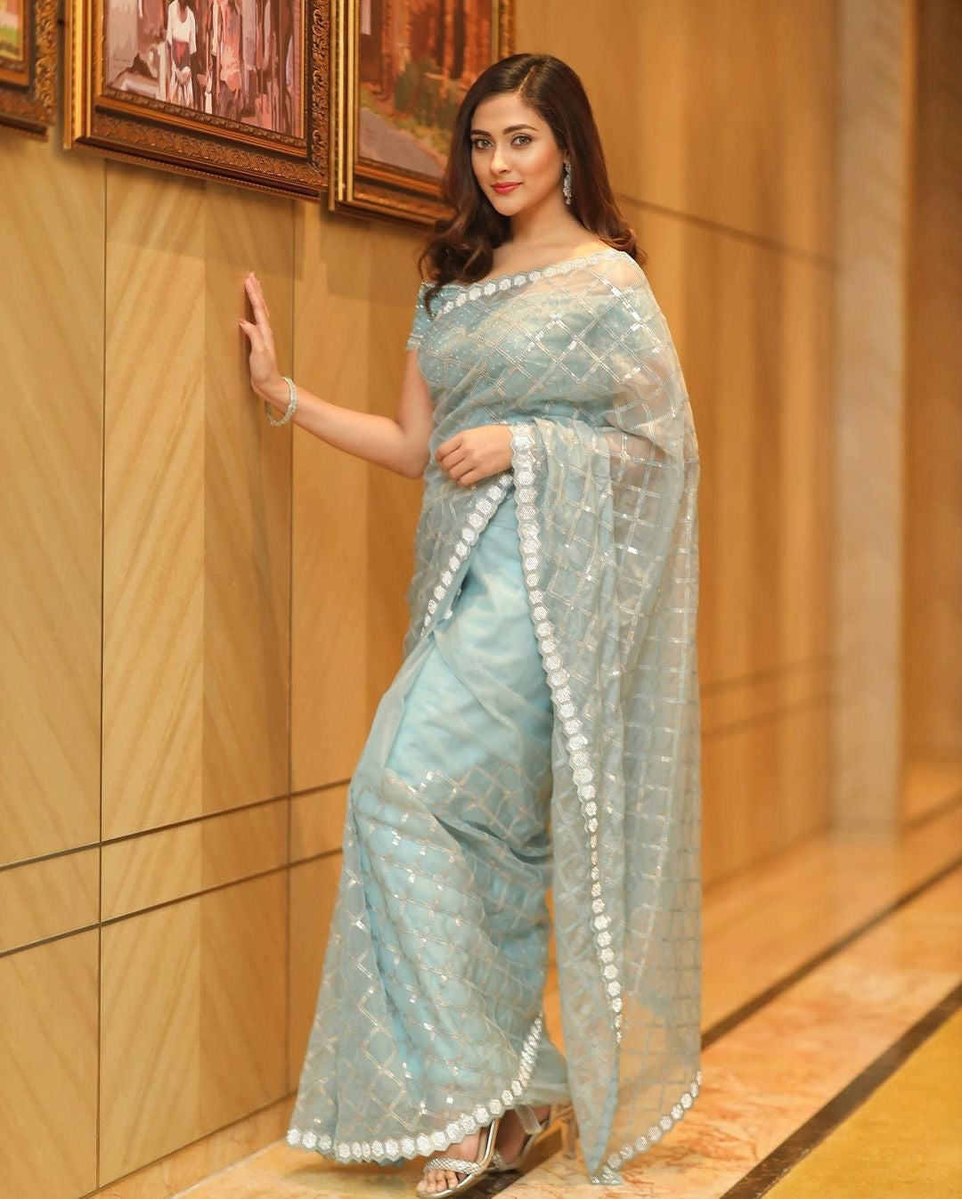 Pretty Sky Blue Color Sequence Thread Embroidered Cut Work Saree