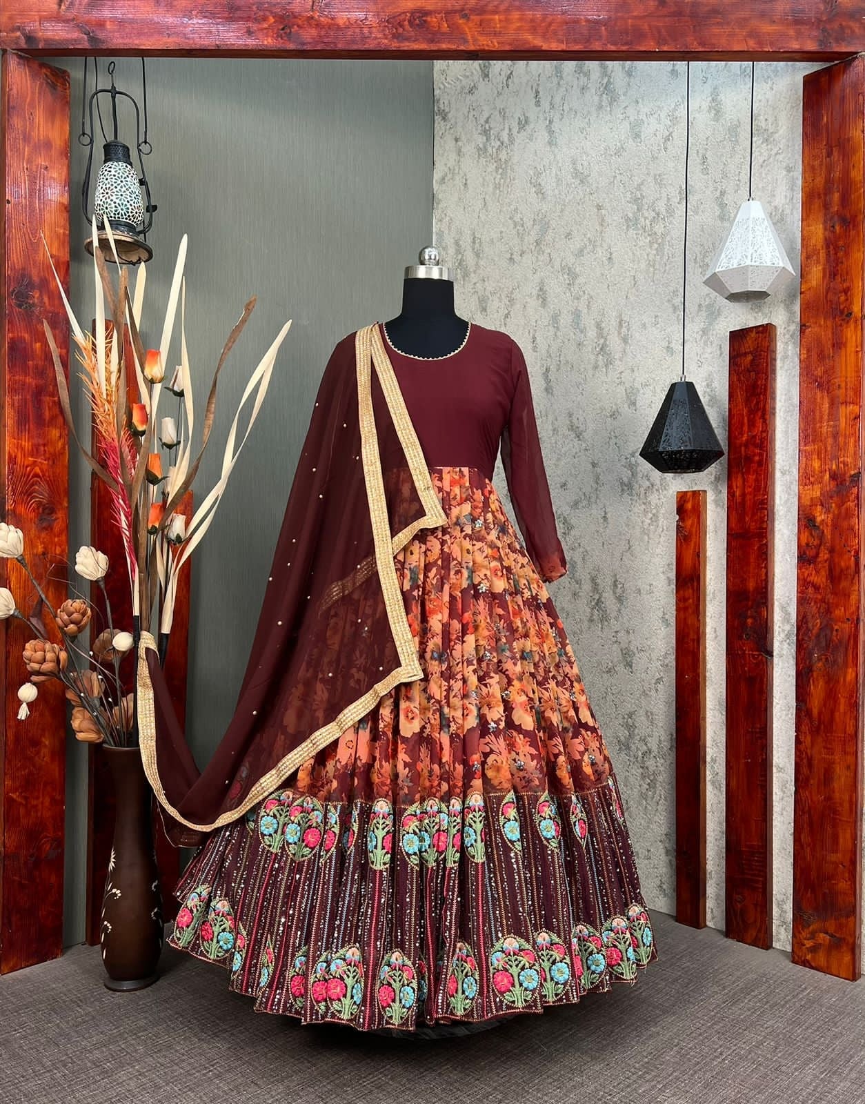 Attractive Wine Color Sequence With Embroidered Work Anarkali Gown