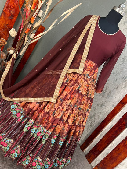 Attractive Wine Color Sequence With Embroidered Work Anarkali Gown