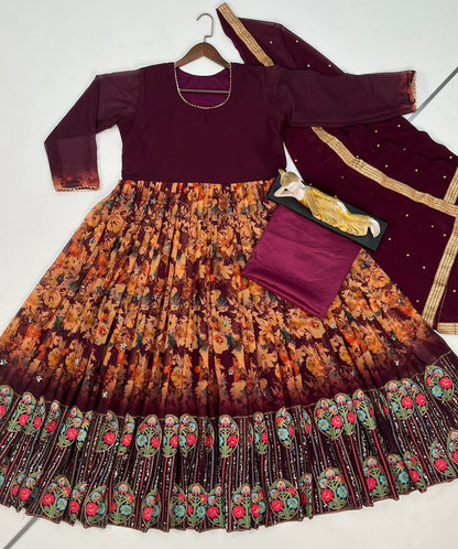 Attractive Wine Color Sequence With Embroidered Work Anarkali Gown