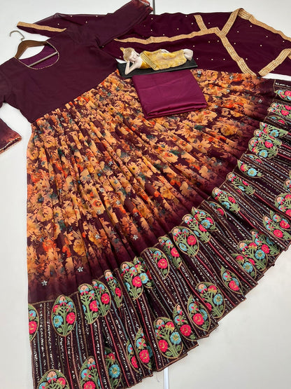 Attractive Wine Color Sequence With Embroidered Work Anarkali Gown