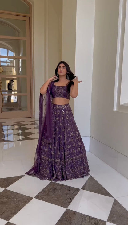 Party Wear Purple Color Thread With Sequence Work Lehenga Choli