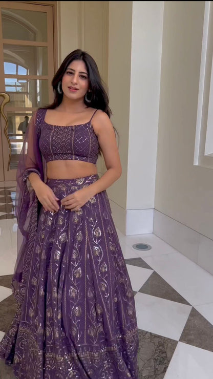 Party Wear Purple Color Thread With Sequence Work Lehenga Choli