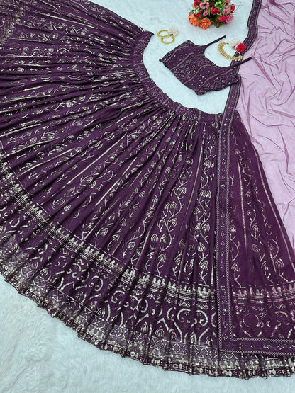 Party Wear Purple Color Thread With Sequence Work Lehenga Choli