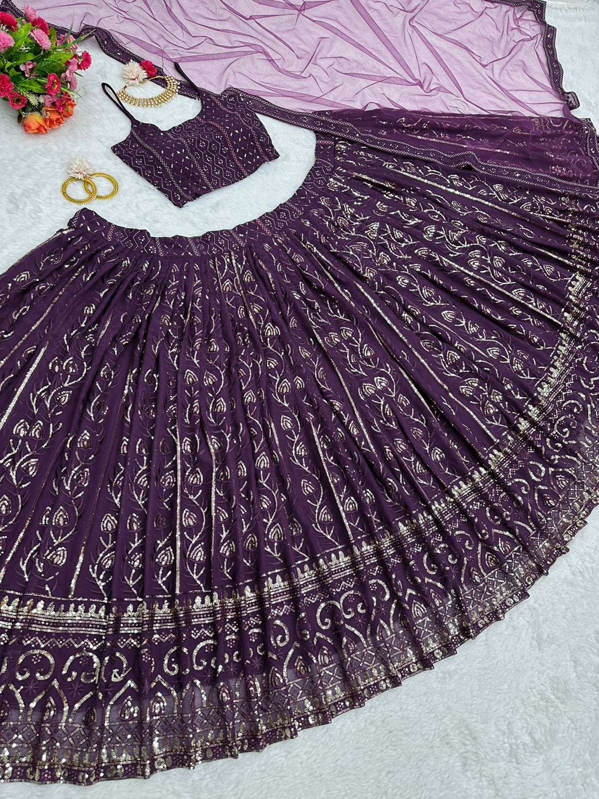 Party Wear Purple Color Thread With Sequence Work Lehenga Choli