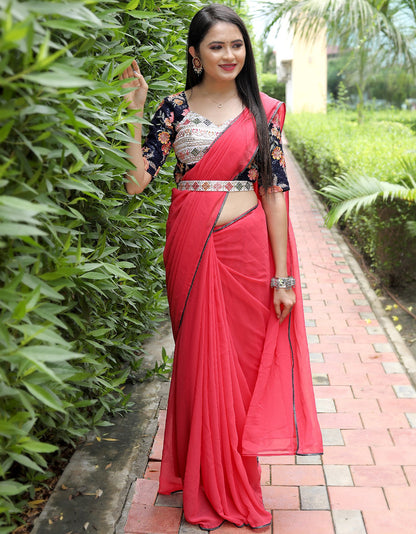 Unique Peach Color Saree With Stitched Blouse