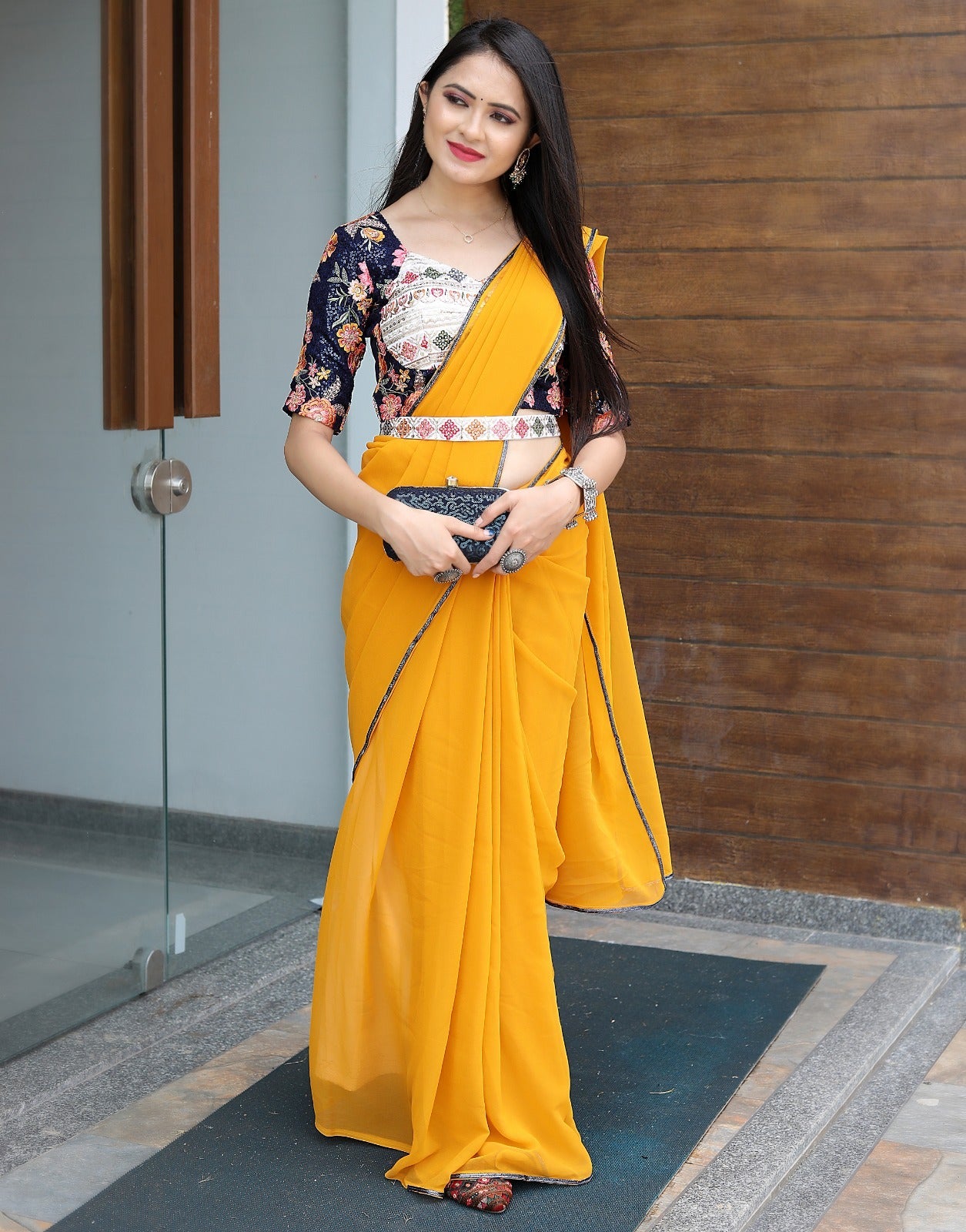 Unique Yellow Color Saree With Stitched Blouse