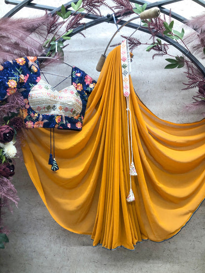 Unique Yellow Color Saree With Stitched Blouse