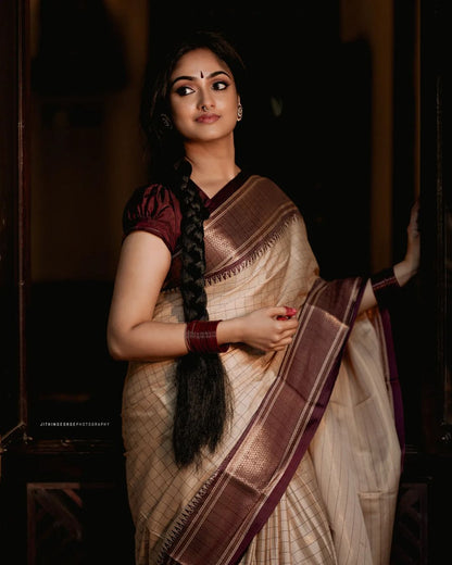 Cream Color Soft Kanjivaram Banarasi Silk Saree