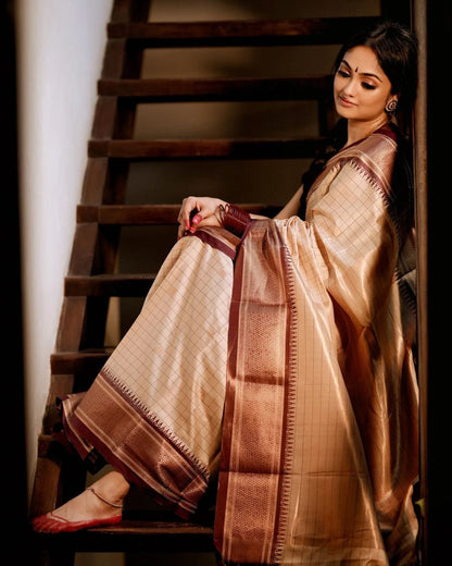 Cream Color Soft Kanjivaram Banarasi Silk Saree