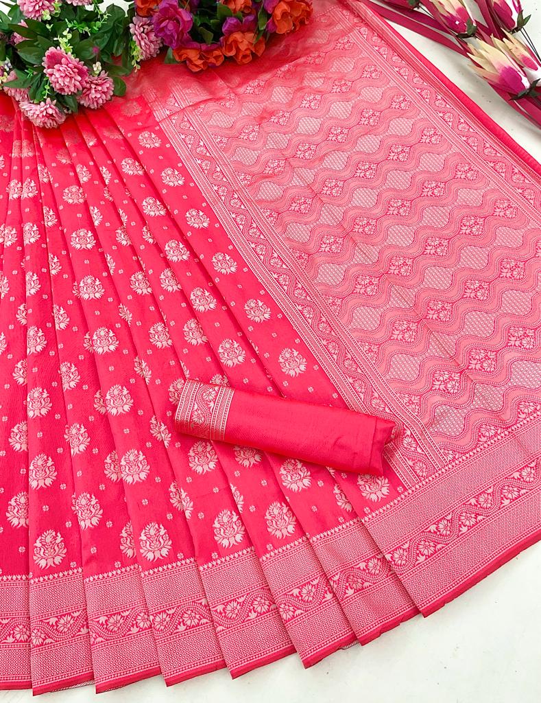 Good Looking Dark Pink Color Silver Jari Design Saree