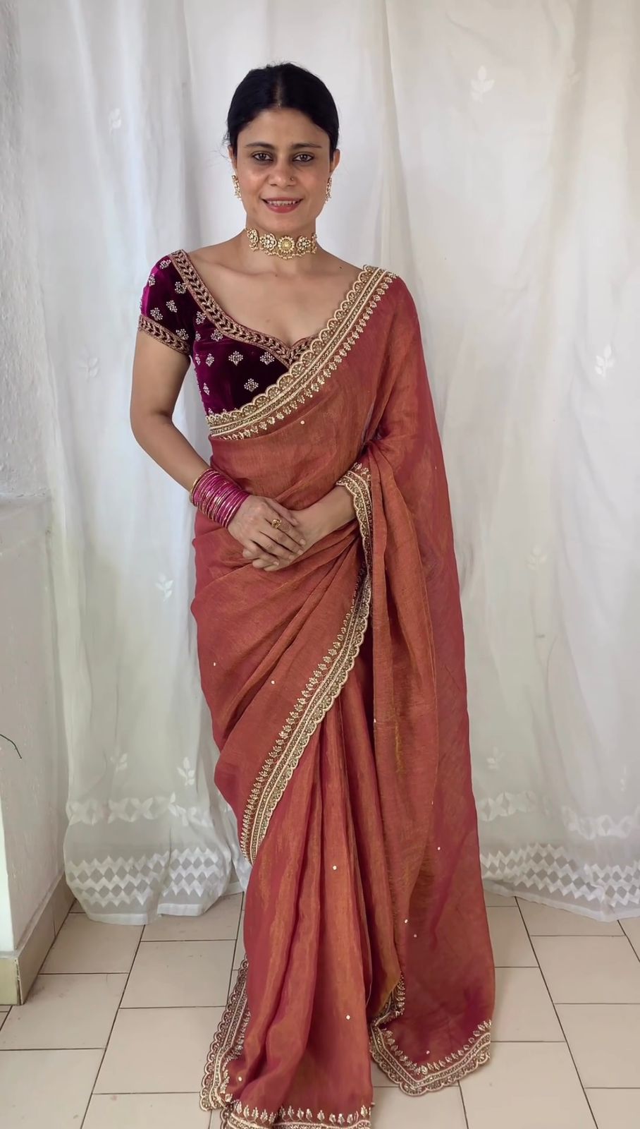 Pretty Peach Color Moti Work Saree