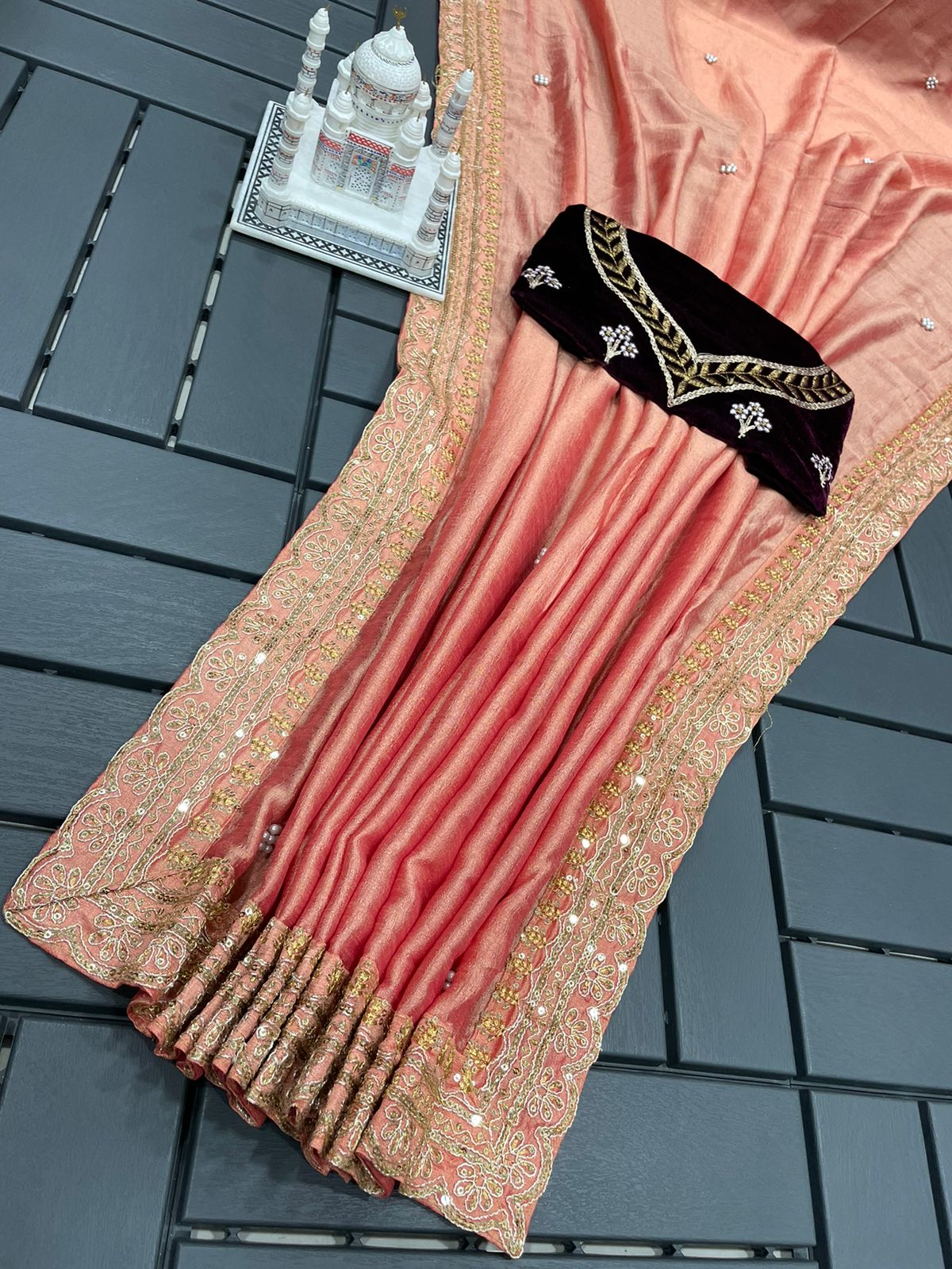 Pretty Peach Color Moti Work Saree