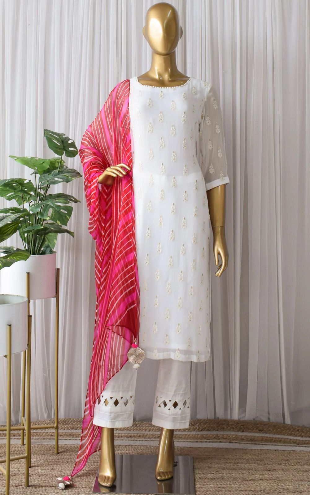 Attractive Thread Work White Color Suit With Red Dupatta